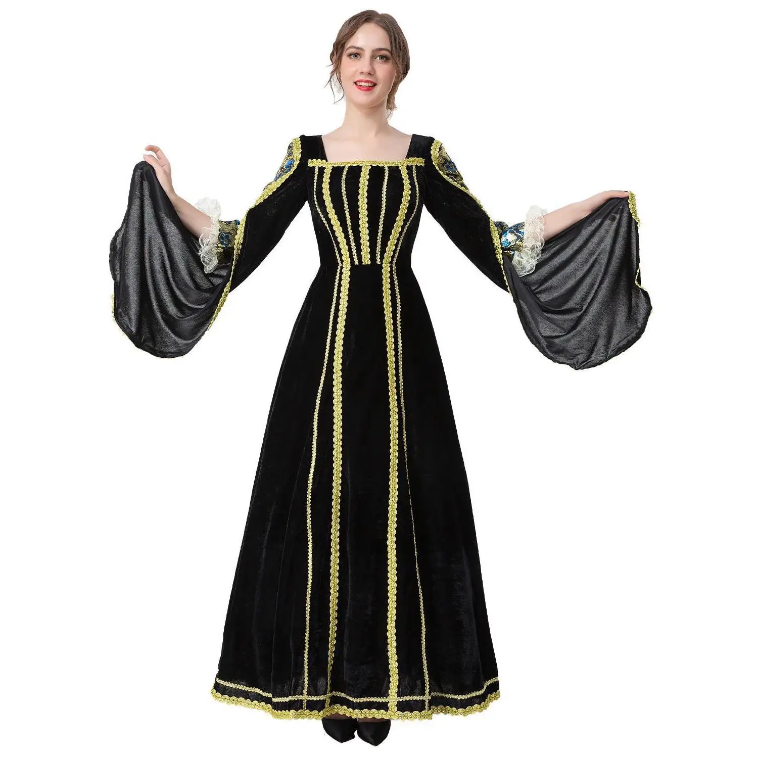 Ele Velvet Cinderella Dr for loween Medieval Birthday Par Host Queen of Court Bla Velvet Gown Polyester Material