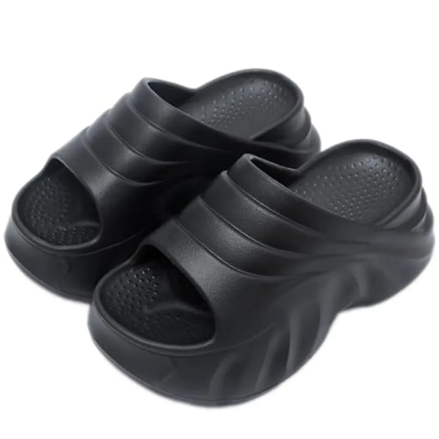 

Women's EVA Wave Pattern Platform Height Cloud Slide Sandals Lightly Cushioned Insole Comfortable Chunky Heel Non Slip Slides S