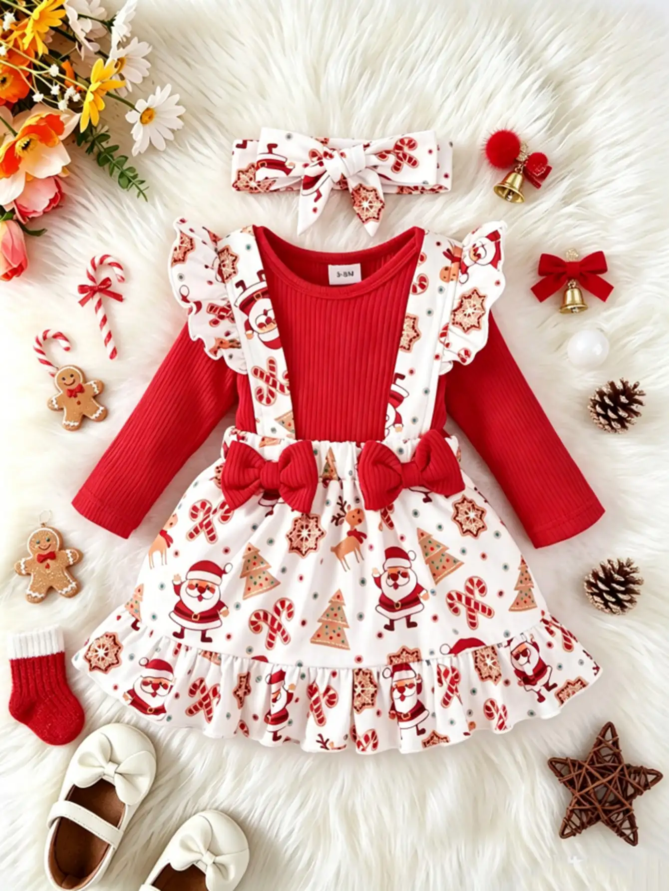 Solid Color Ribbed Long-Sleeve Romper with Santa Claus Print, Flutter-Sleeve Suspender Skirt, and Headband Cute Christmas Ribbed Long-Sleeve Bodysuit Three-Piece Set