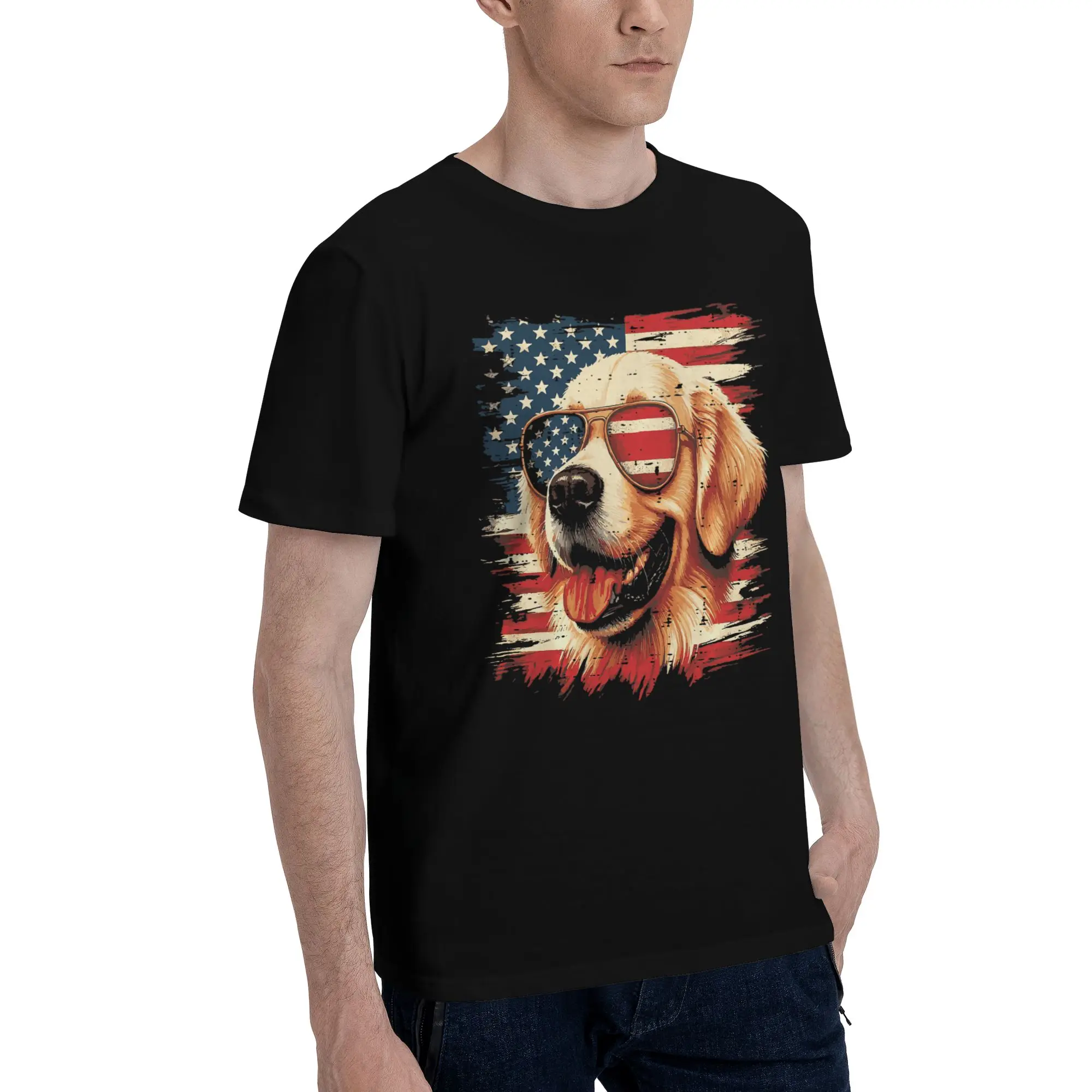 4th of July Dog Labrador Golden Retriever Graphic 100% Cotton T-Shirt Memorial Day Tees Tops For Men