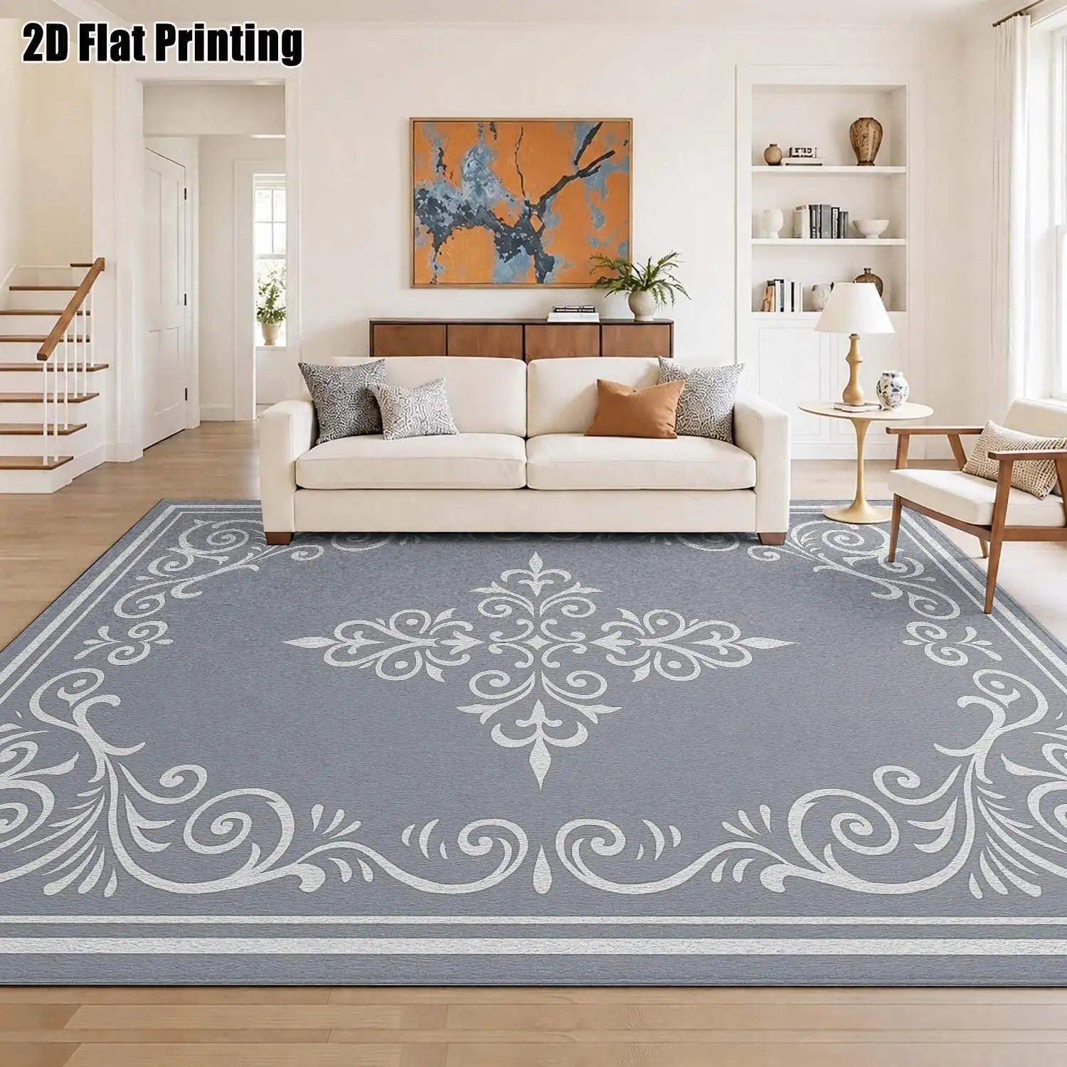 1Pc 2D Printed Blue-Grey Geometric Pattern Carpet, European Retro Minimalist Style, Home Decor Mat, Multi-Size Machine Washable, for Entrance, Living Room, Bedroom, Dining Room, Foyer