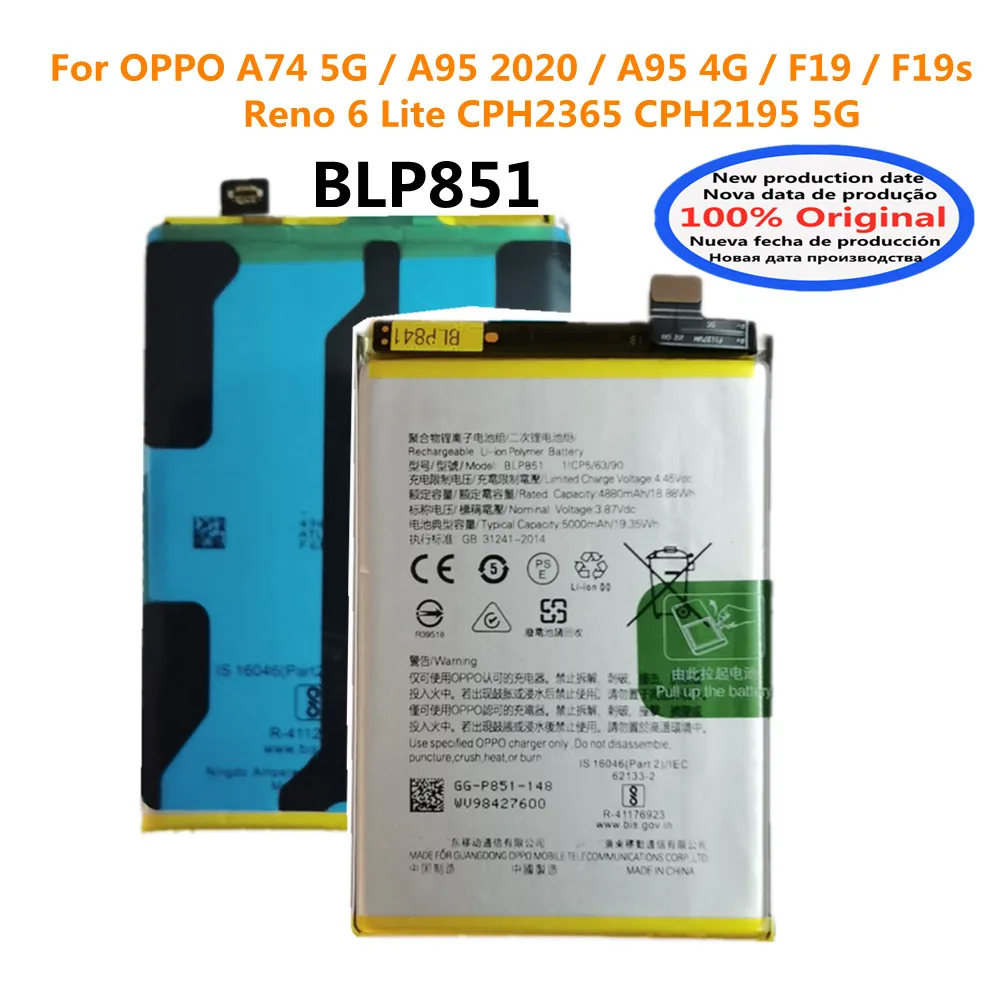 

Original New BLP851 5000mAh Battery For OPPO A74 5G / A95 2020/ A95 4G/ F19 / F19s/ Reno 6 Lite CPH2365 CPH2195 5G Phone Battery