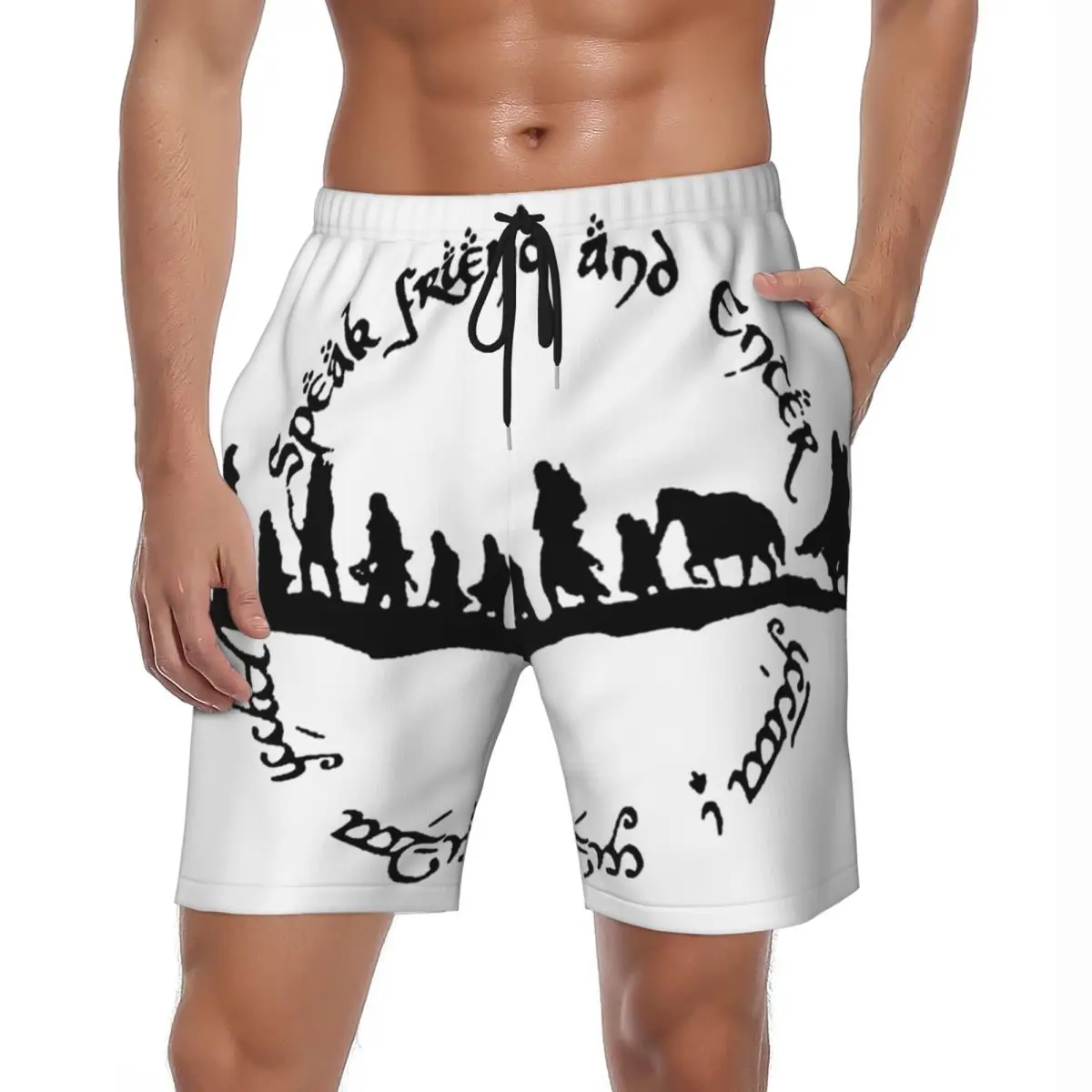 L-Lords Of The R-Rings ภาพยนตร์กางเกงขาสั้นฤดูร้อนพูดเพื่อนและป้อนกีฬาสั้นกางเกงชายกางเกงว่ายน้ําขนาดใหญ่