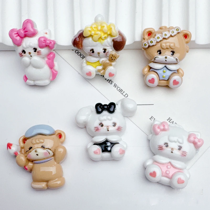 10 Pcs Cartoon Resin Cute Cartoon Cats Puppy series Flat bottom Scrapbook Diy Jewelry hair clips Phone case Ornament Accessories