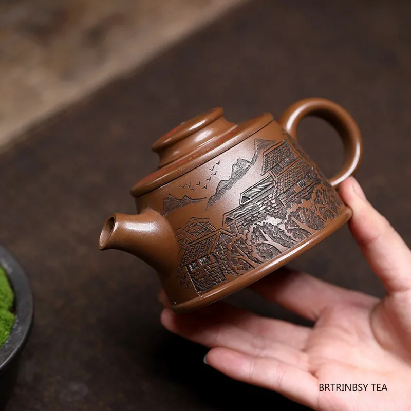 

Tradition Yixing Handmade Purple Clay Teapot Chinese Hand-carved Landscape Tea Pot Beauty Tea Infuser Kettle Zisha Tea Set 180ml