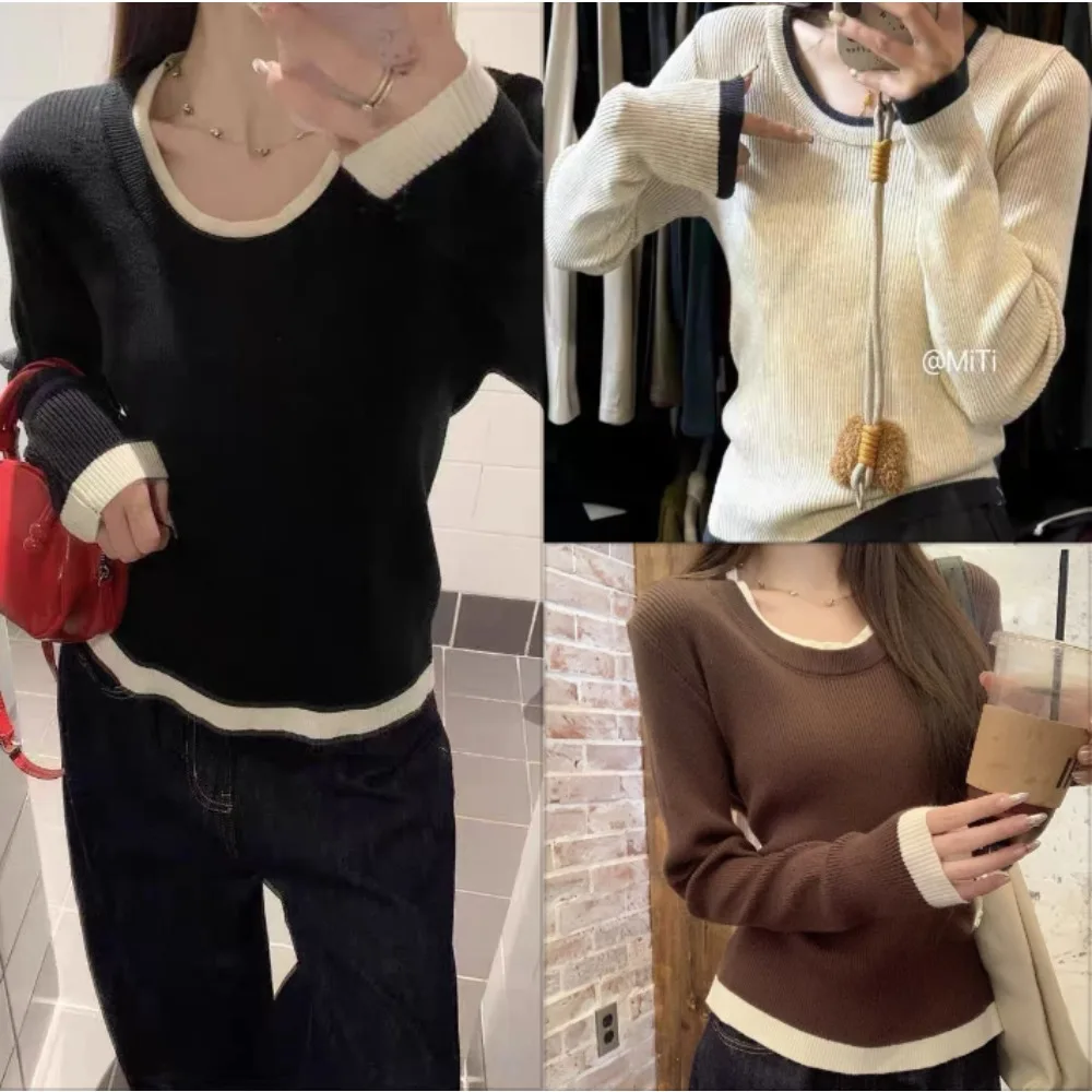 

Модный вязаный свитер с цветовыми блоками, женский, приталенный, повседневный, с длинным рукавом, джемпер, пуловер