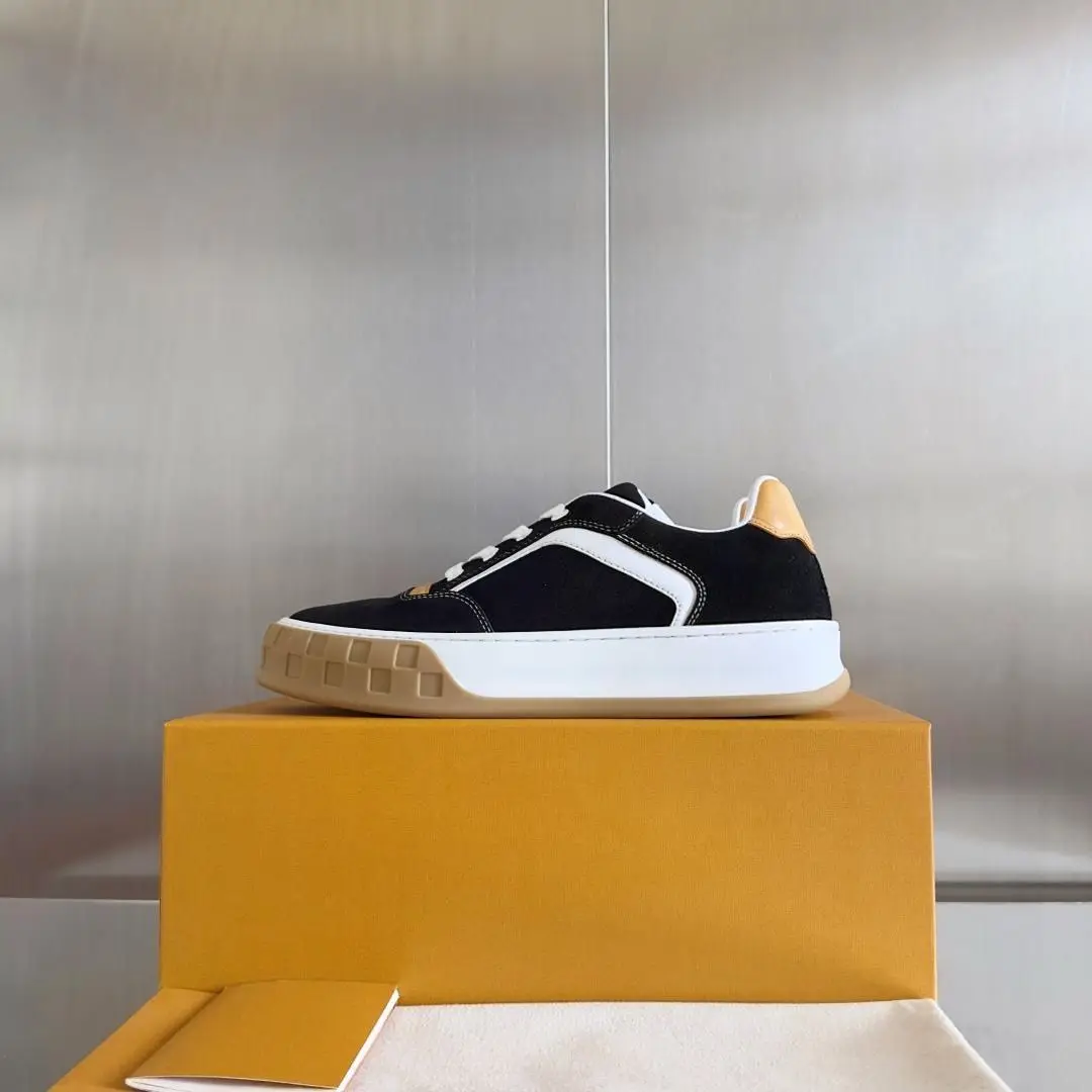 Unisex Black Suede Skate Sneakers, White Stitching & Tan Patch Lace Up Gum Thick Sole Street Casual Board Shoes