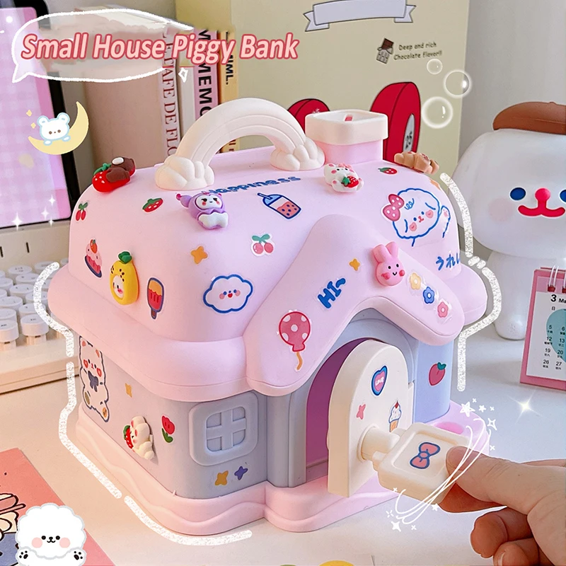 Kawaii Small House Piggy Bank For Adult Kids Women Large Size Cute Plastic Save Money Storage Box With Lock For Birthday Gifts