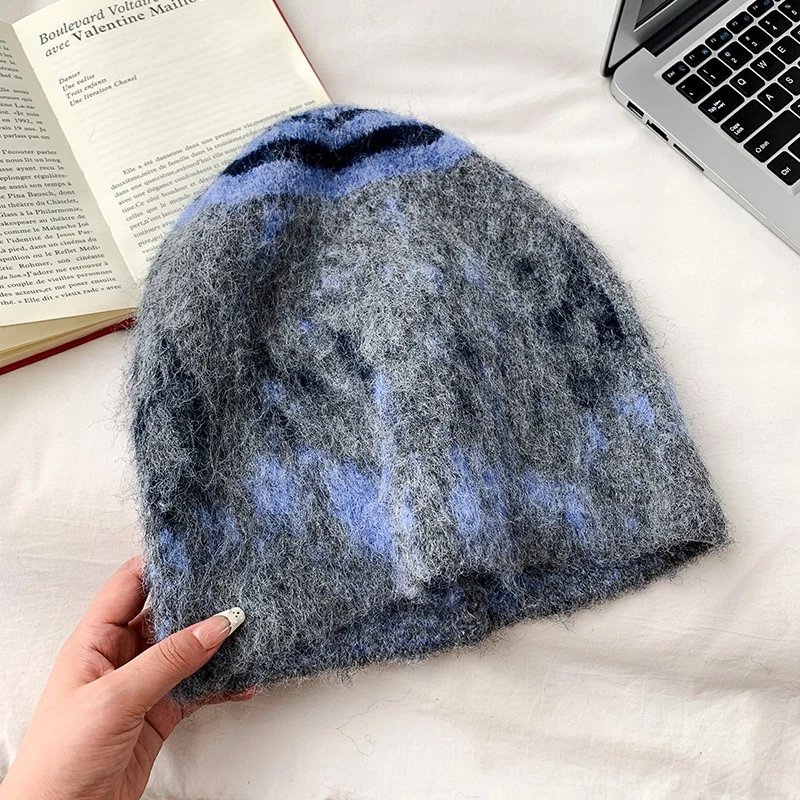 

Зимняя шапка для женщин, массивная вязаная шапка большого размера, складная утолщенная теплая шапка для маленького лица, винтажная повязка на голову из мягкой шерсти