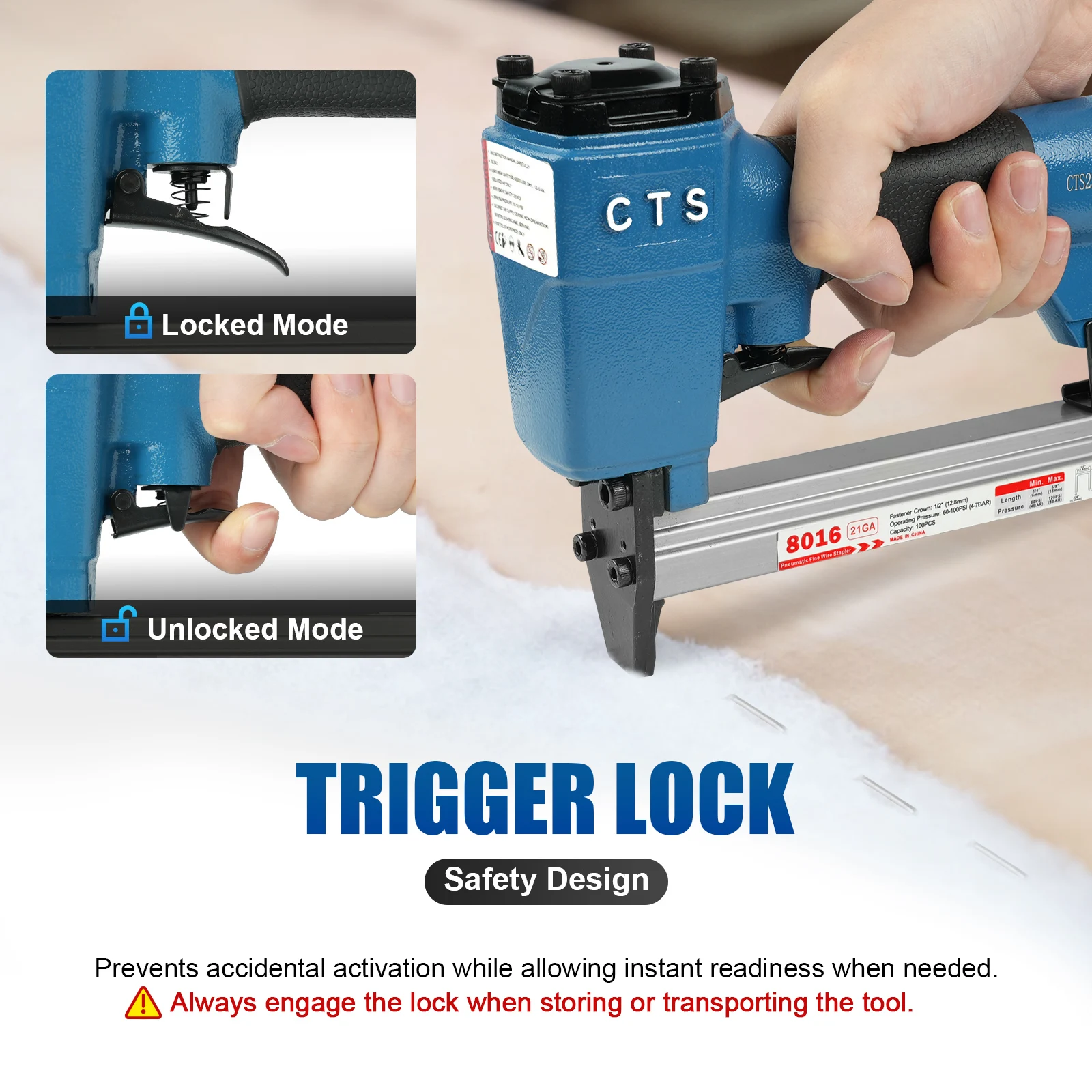 

CTS 21 Gauge 8016 nail Pneumatic Upholstery Stapler, 8016 gun Leg Length 6-16mm Staples, for Door, Window, Woodworking