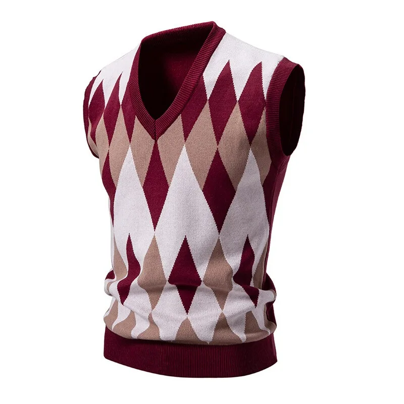 Bild 6: Neue Herren-Argyle-Strickweste mit V-Ausschnitt, ärmellos, lässig, schmal geschnitten, Pullover, leichte Strickweste