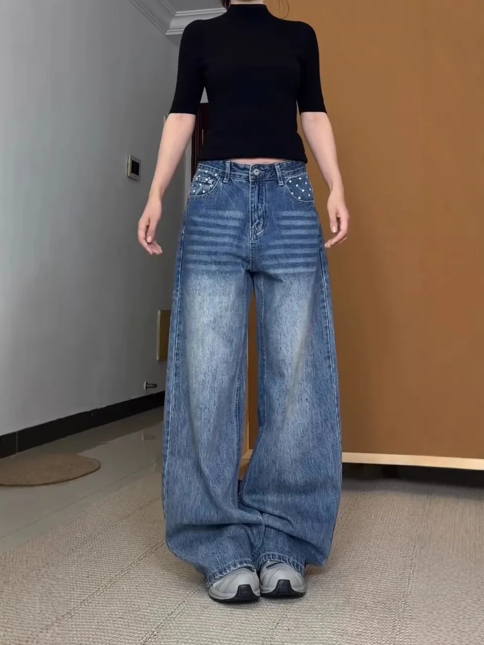 

Large Size American Star Print Washed Blue Wide Leg Jeans Women's Trendy Casual Straight Leg Pants High Waist Denim Jeans