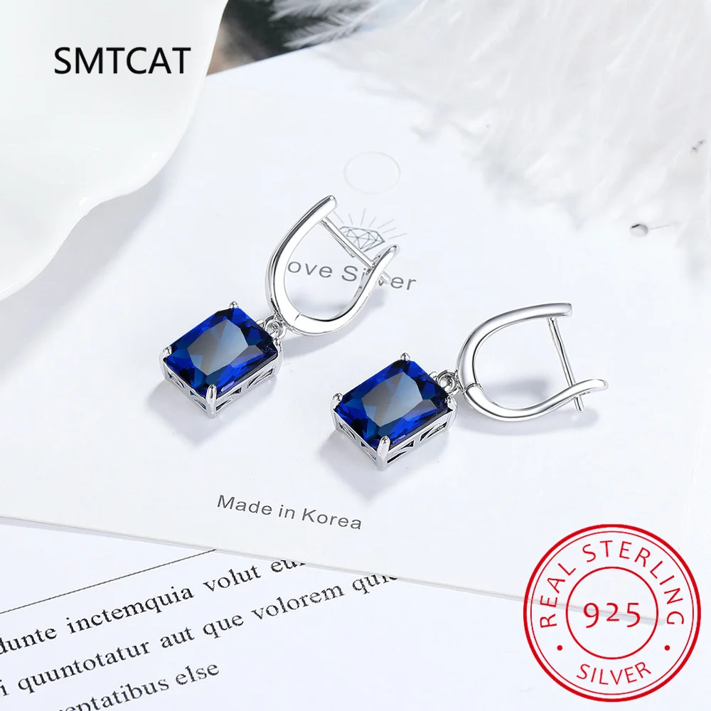 Emerald Cut Blue Sapphire 925 Sterling Silver Hoop Earrings for Women Gemstone Fine Jewelry Huggies Birthday Gift