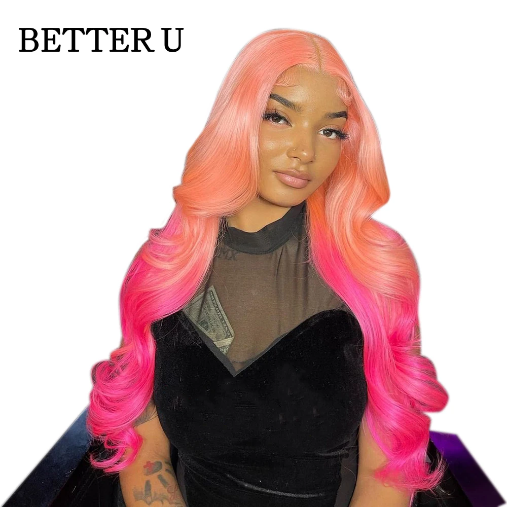 

Ombre Pink Colored 13x6 HD Transparent Lace Front Human Hair Wigs Pre Plucked Body Wave 13x4 Lace Front Wig For Women Human Hair