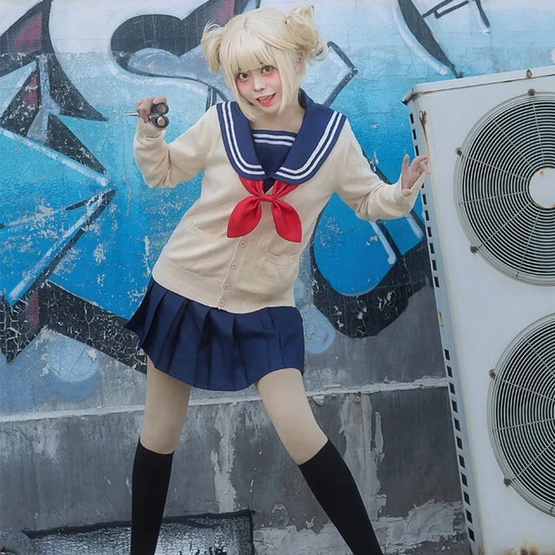 

4PCS Anime Academia Himiko Toga Cosplay Costume JK Uniform Skirts Sweater Coat Wig High School Girls Costume Party Maid dress