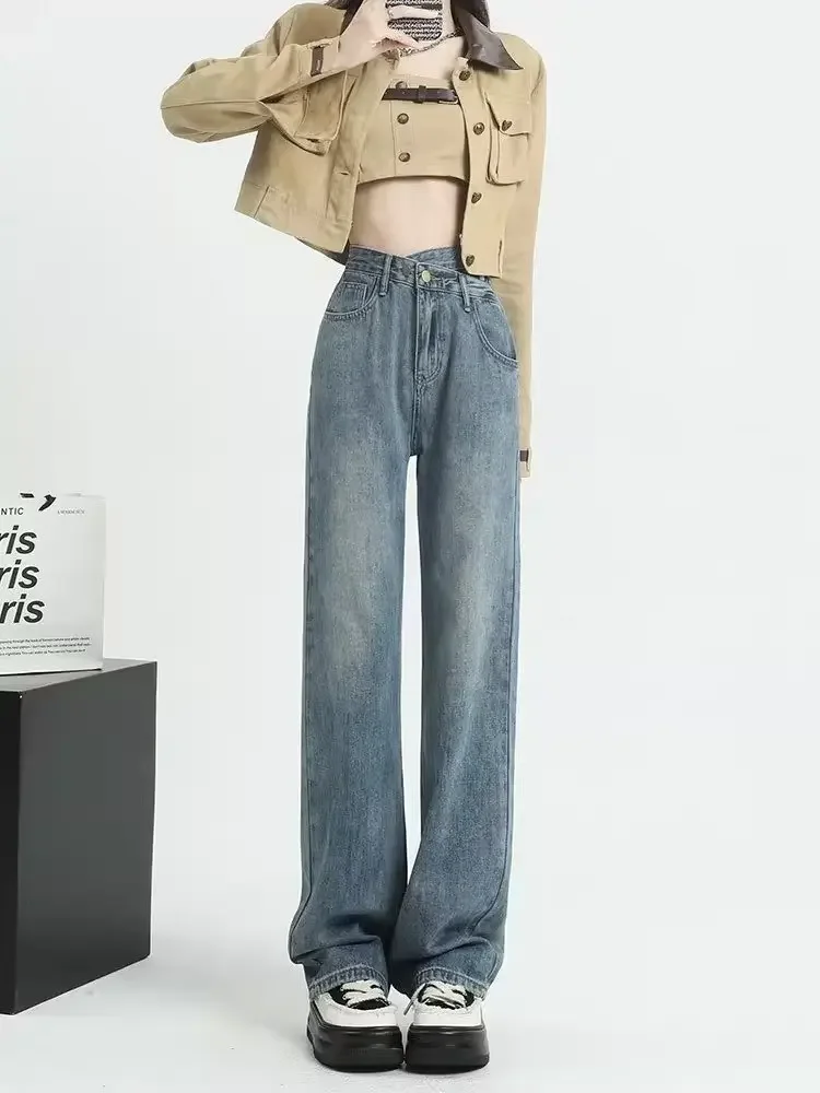 

Сине-серые широкие джинсы с высокой талией для женщин, осенний новый стиль, маленькие свободные универсальные прямые брюки с перекрестной талией