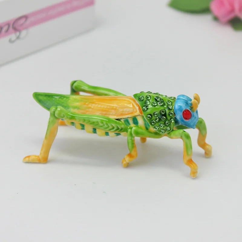 SHINNYGIFTS Metal Crafts Enamel Handmade Grasshopper Trinket Box Metal Locust Jewelry Gift Box