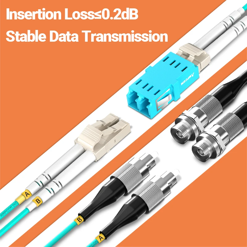AMPCOM-OM3 LC-FC UPC 광섬유 패치 케이블, 다중 모드 이중 척도 50/125μm 10Gbps 구부러지지 않는 2.0mm 광섬유 코드