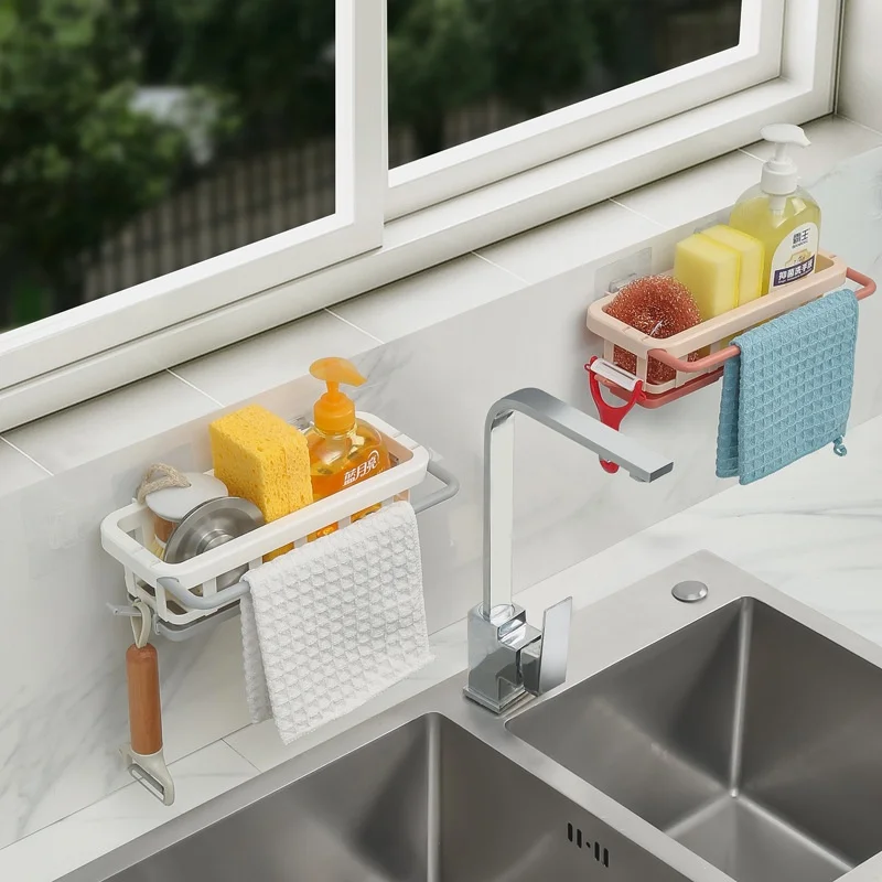 Sponge Holder Kitchen Organizer Dish Drainer Soap Rack Sink Tray Dishcloth Towel Rack Wall Mounted Storage Basket Shelf Kitchen