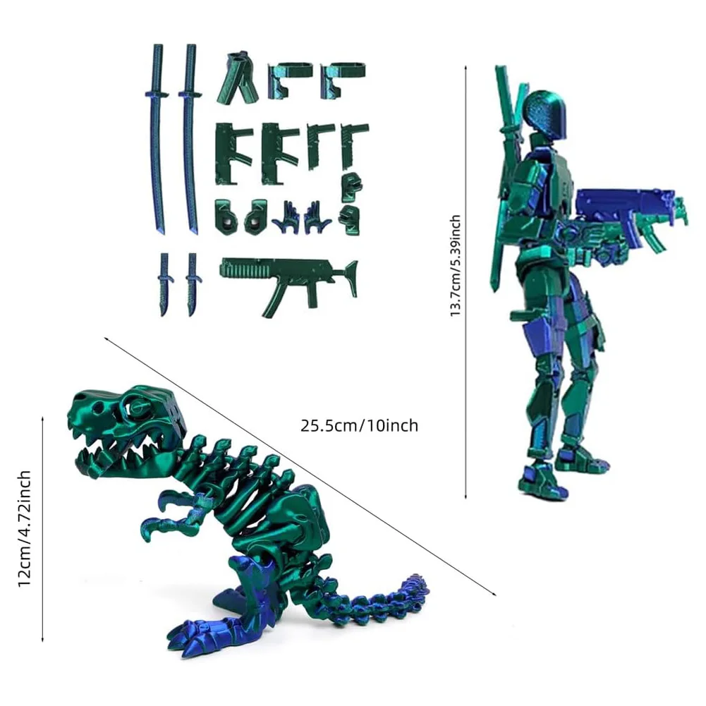 T13 Action Figure and Dinosaur Mount Set 3D Printed Robot Dummy and Dinosaur Set 3D Printed Robot Action Figure Dragon Set