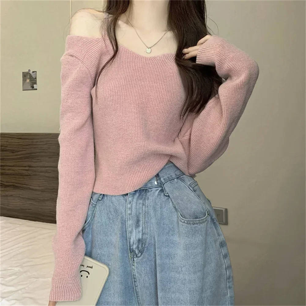 

2025 Korean Women Spring Autumn New Sexy Long Sleeve Knitted Top Sweater Off-the-shoulder V-neck Base Pullover Cropped Sweater