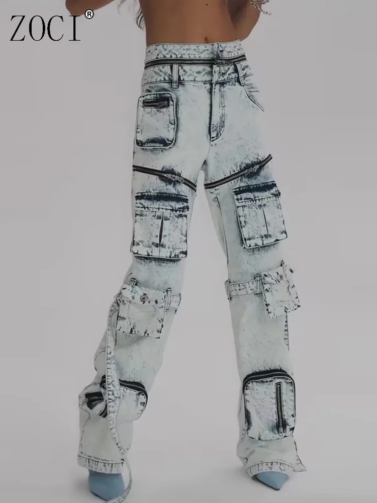 

ZOCI полые женские потертые джинсы со съемными несколькими карманами, деконструкционные женские джинсовые брюки-карго, прямые брюки, осень 2023 г.