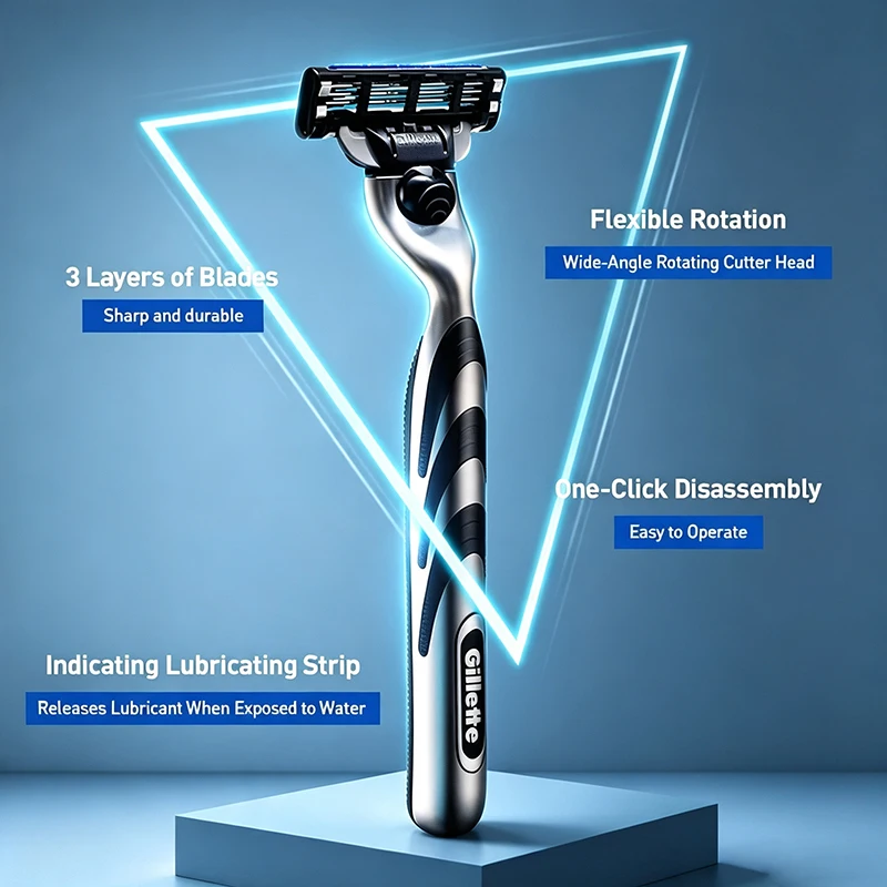 Gillette GLA3161FS Manual Shaver 6 Blade Heads 1 Base Anti Slip Handle Men's Facial Shaver Blade Change Prompt for Shaving Blade