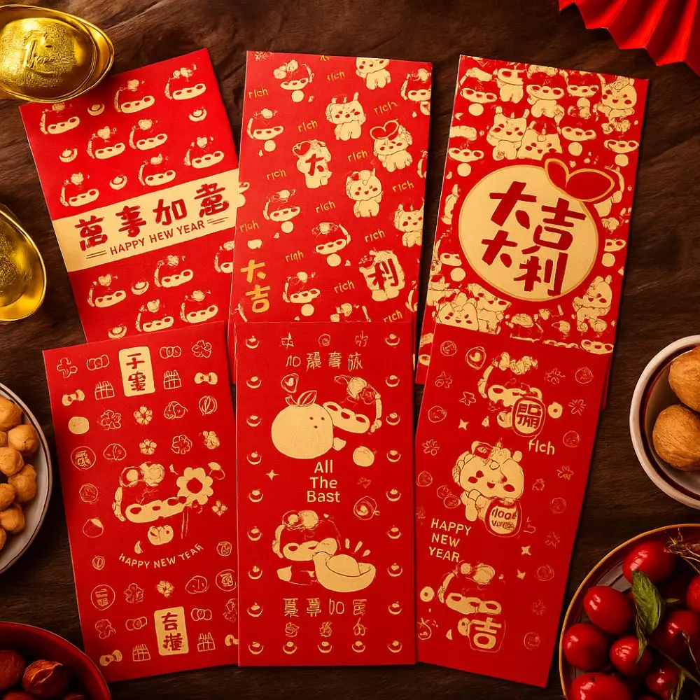 

6pcs Gold Stamping 2026 New Year Red Envelope Paper Traditional Lucky Red Pocket Blessing Gift Bags Festival Decoration