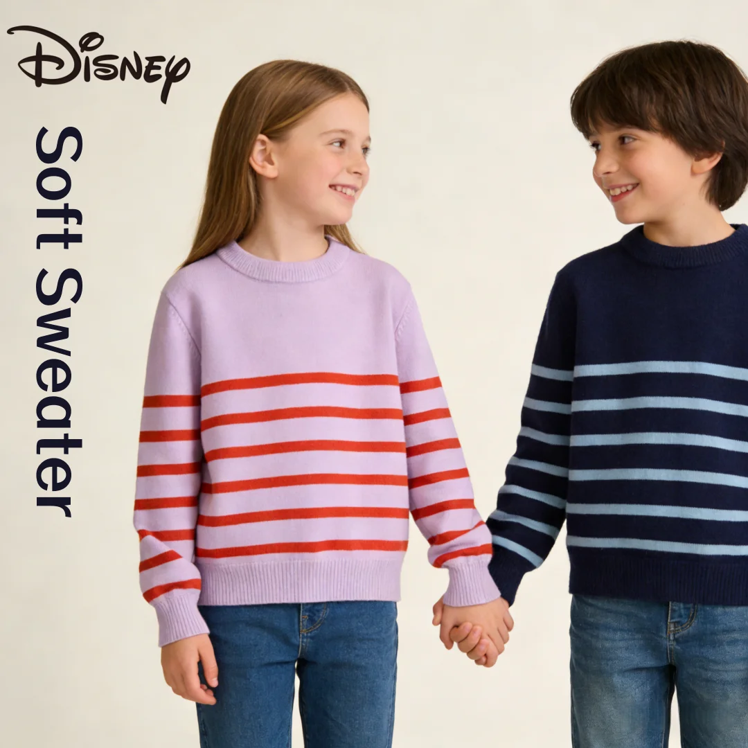 

Disney Kids Striped Pattern Woolen Round-neck Sweater Autumn Winter Warm-keeping Blouse Girls Spring Comfortable Soft Sweater