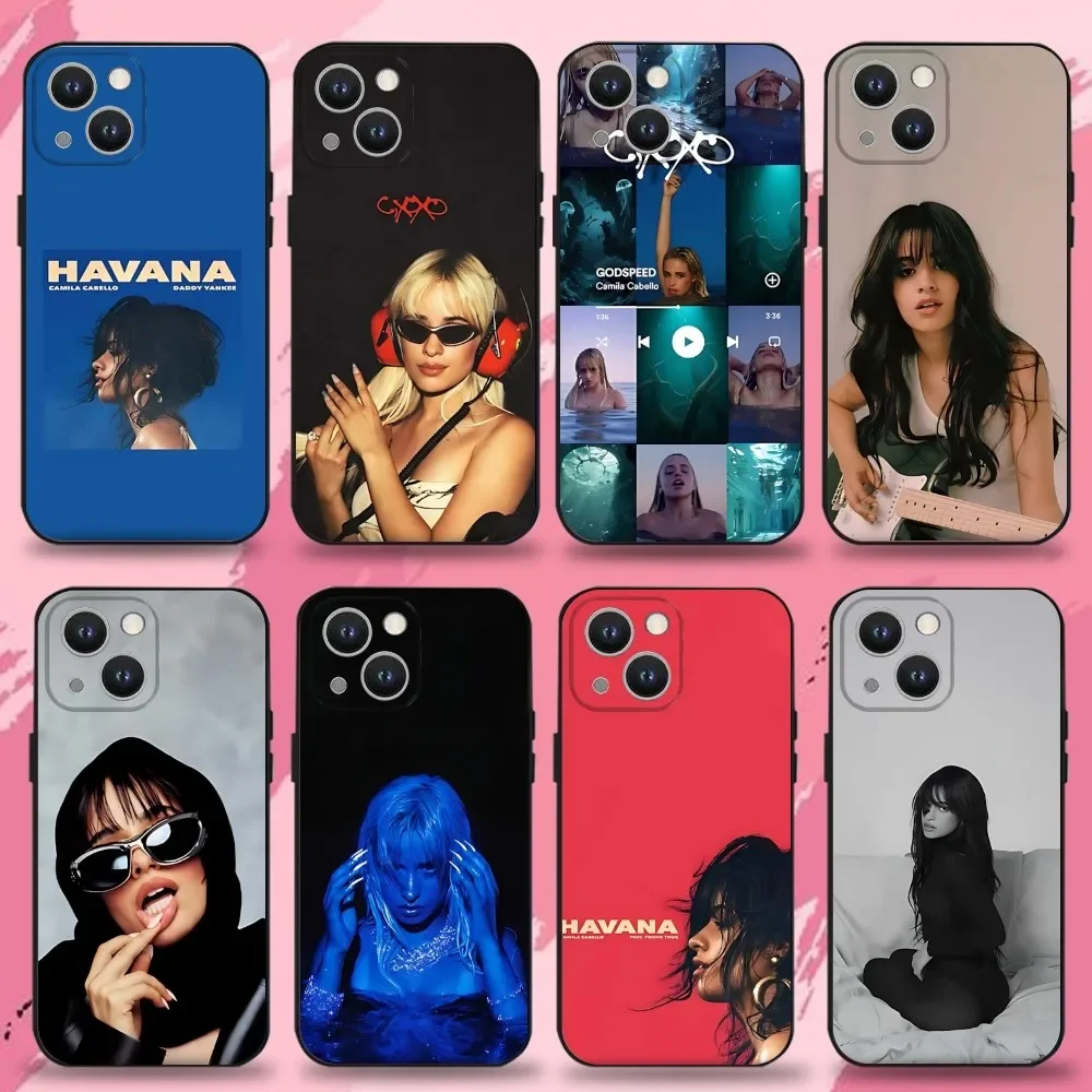 Capa de Silicone Macio Preta Singer C-Camila Cabello para iPhone 16, 15, 14, 13, 12, 11 Plus, Pro Max, XS, X, XR, SE, Mini, 8, 7