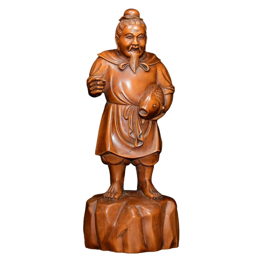 Petite Figurine sculptée en bois sculptée à la main, Sculpture de pêcheur chinois, décoration de maison, confance de Fortune, contenu de prospérité