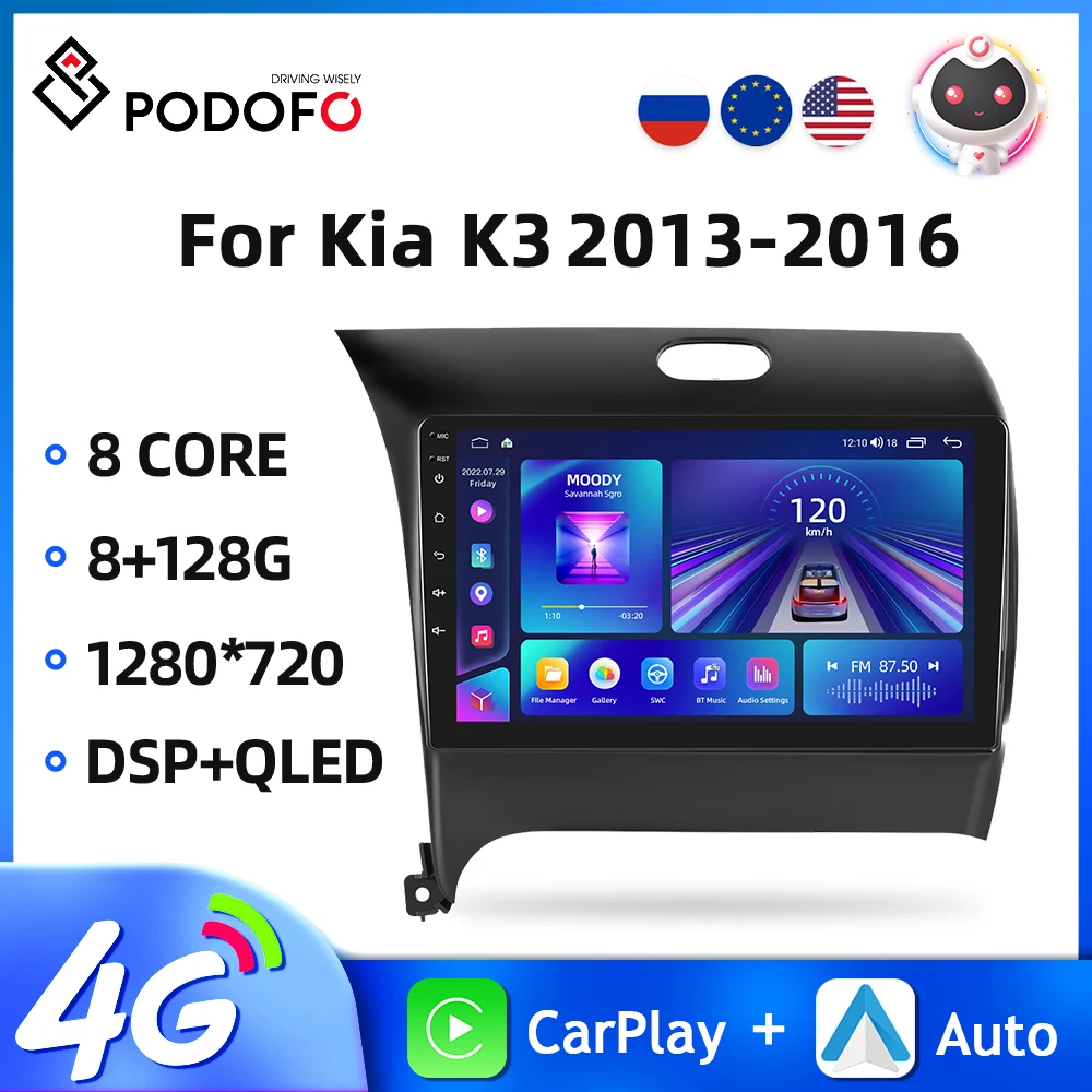 Podofo Android 2din Car Radio For Kia K3 2013-2016 Car Multimedia Player GPS Navigation AI Voice 4G WIFI Carplay 8core DSP 2din