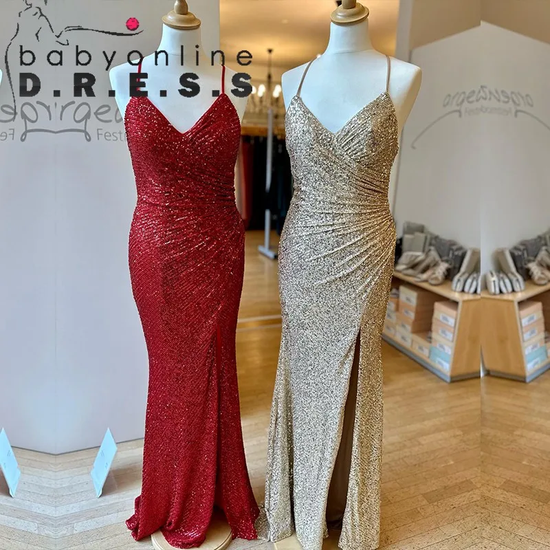 BABYONLINE D.R.E.S.S. Gold Sequins Bridemaid Clothes V-Neck Cross-Back Strappy Lace-up Belt Stretch Sequins Dress Wedding Gown