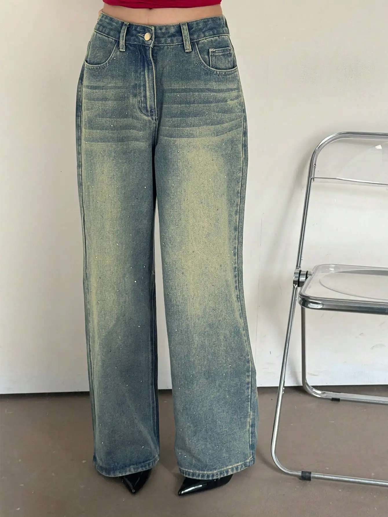 European Station Niche Design Distressed Hot Diamond Jeans 2024 New Women's Autum This Year's Popular Baguette Pants