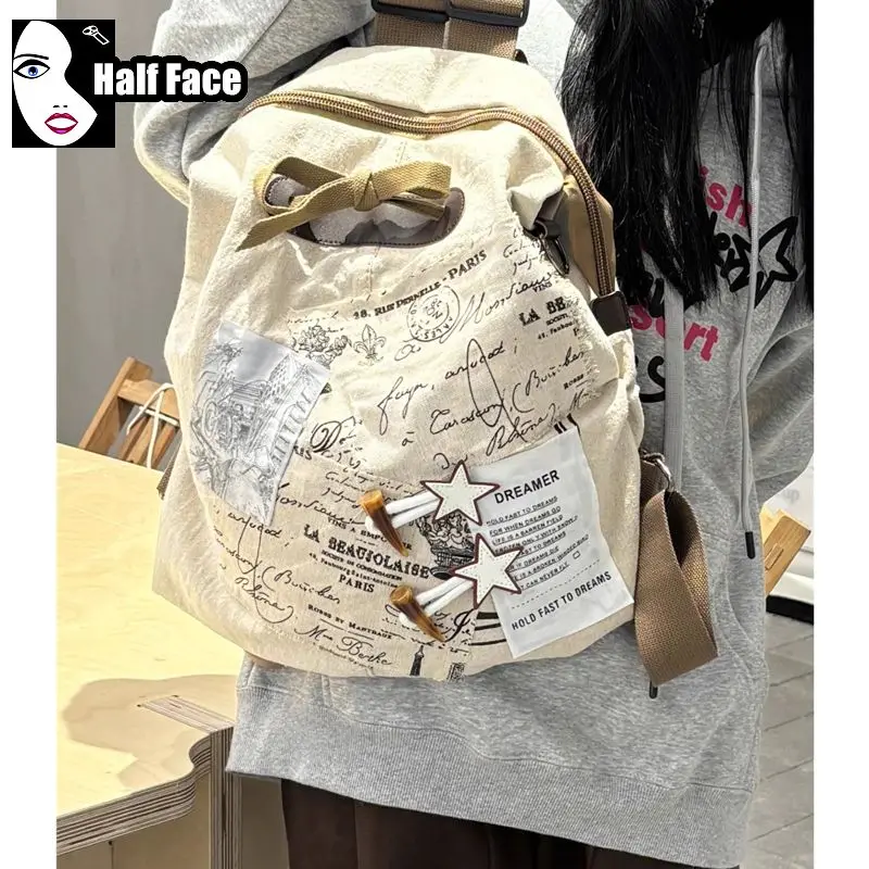 Y2K Spicy Girls Harajuku Women Gothic Punk Lolita Large Capacity Letter Commuting Student Canvas Splicin Backpack Book Bags Tote