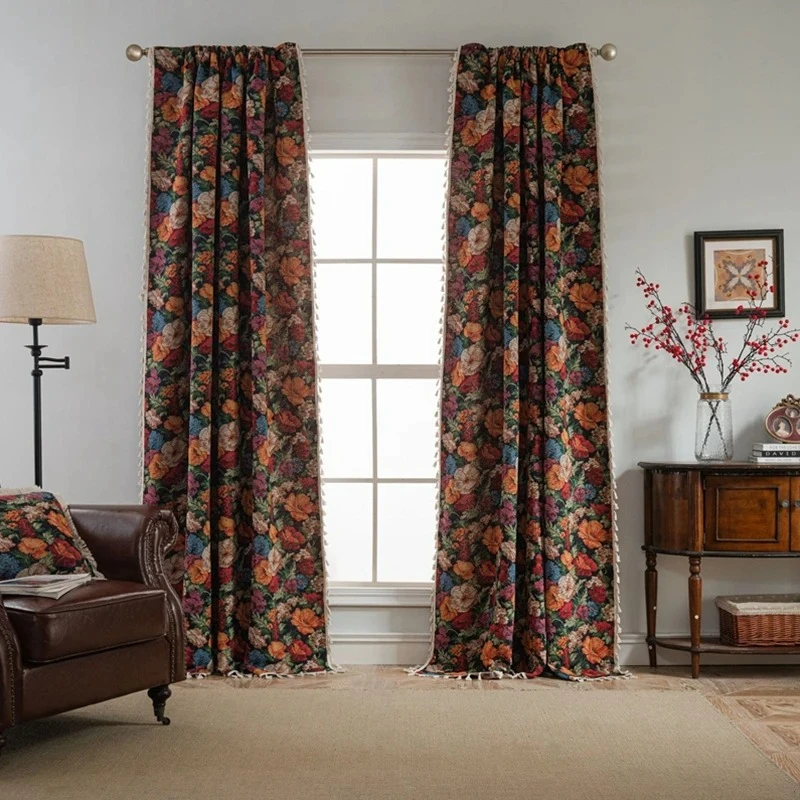 Polyester Cotton European and American Style Flower Jacquard Bedroom Living Room Kitchen Bay Window Semi-shading Curtain