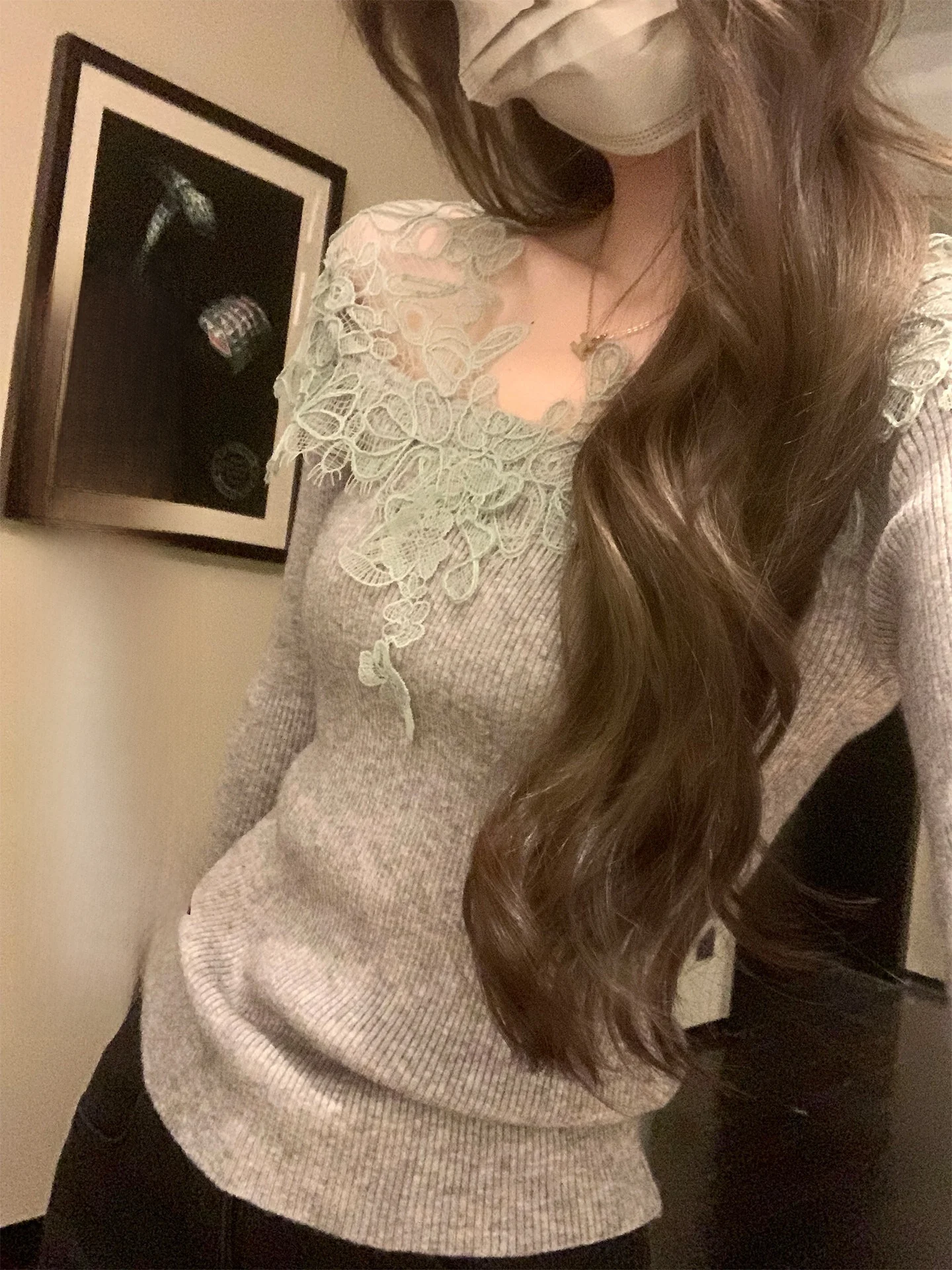 

Soft Skin-Friendly Winter New Sle Women's Long Sve Knitted irt Lace Patchwork Base Layer Top Korean Sle Slim Fit