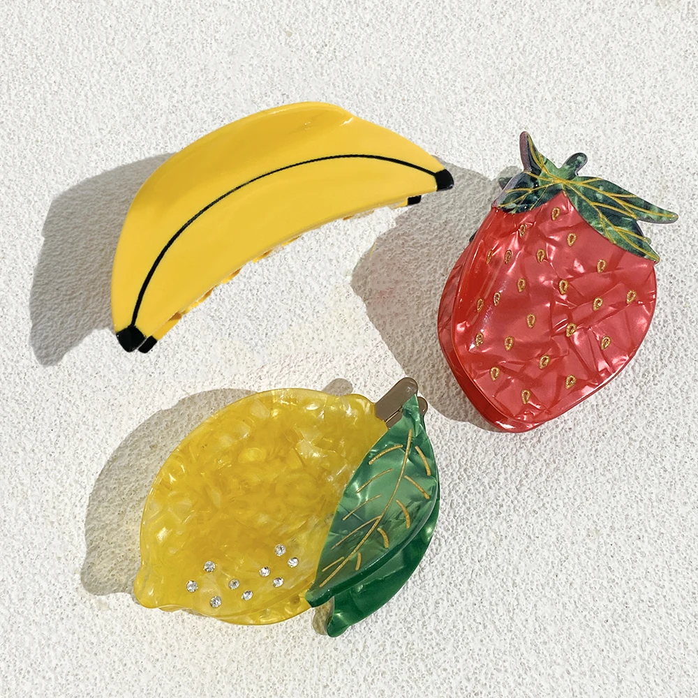 موضة خلات حجر الراين الفاكهة الليمون الموز الفراولة مشبك شعر مخلب للنساء جديد القرش دبوس الشعر إكسسوارات الشعر أداة الهدايا #5