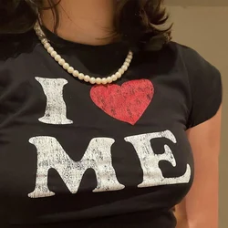 I LOVE ME print Harajuku T-shirt Women Streetwear short Sleeve Skinny Crop Tops Summer Y2K Clothes Baby Tees EMO Girl Short Tops