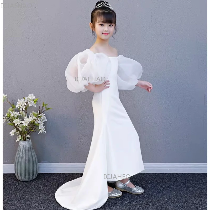 

Белое детское платье-русалка без бретелек со шлейфом, праздничный костюм принцессы, подарки на Ид, для выступлений, торжественных мероприятий и вечеринок