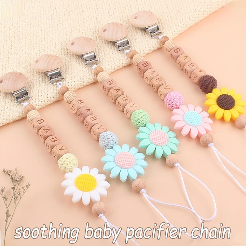 Ins Personalized Name Baby Pacifier Clips Flower Silicone Beads Teethers Dummy Nipple Holder Clip Newborn Teething Toys BPA Free