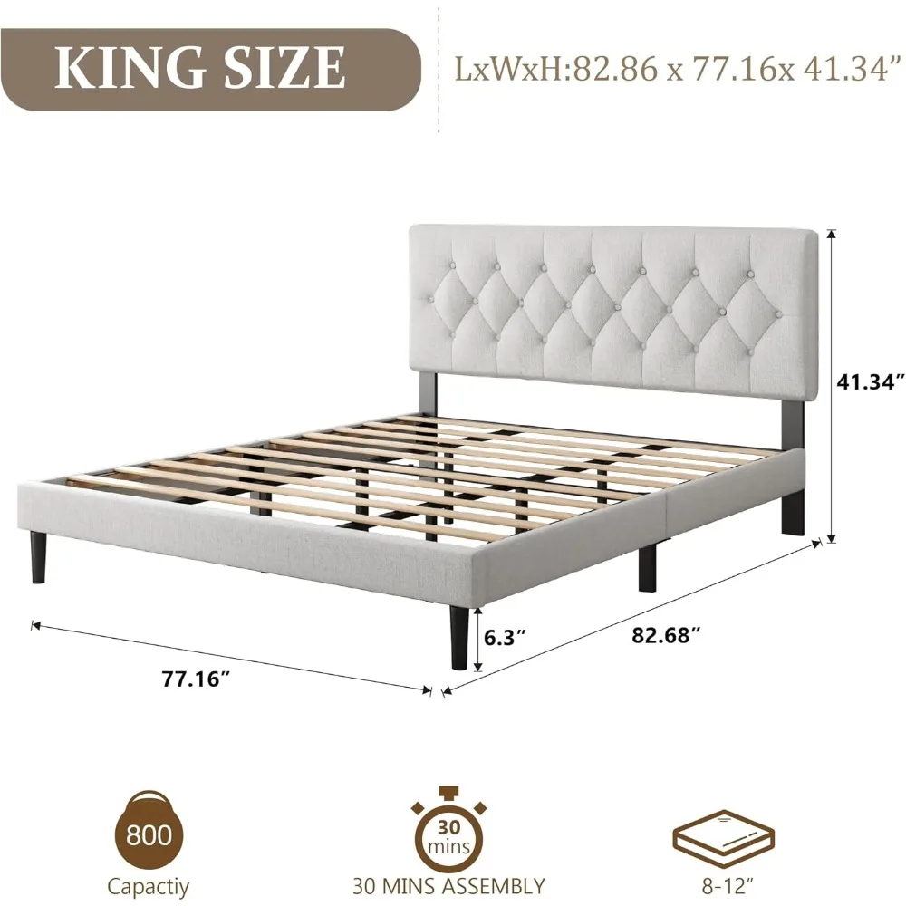 King Size Platform Bed Frame with Upholstered Headboard, Button Tufted Design, Strong Wooden Slats, No Box Spring Needed, Easy A