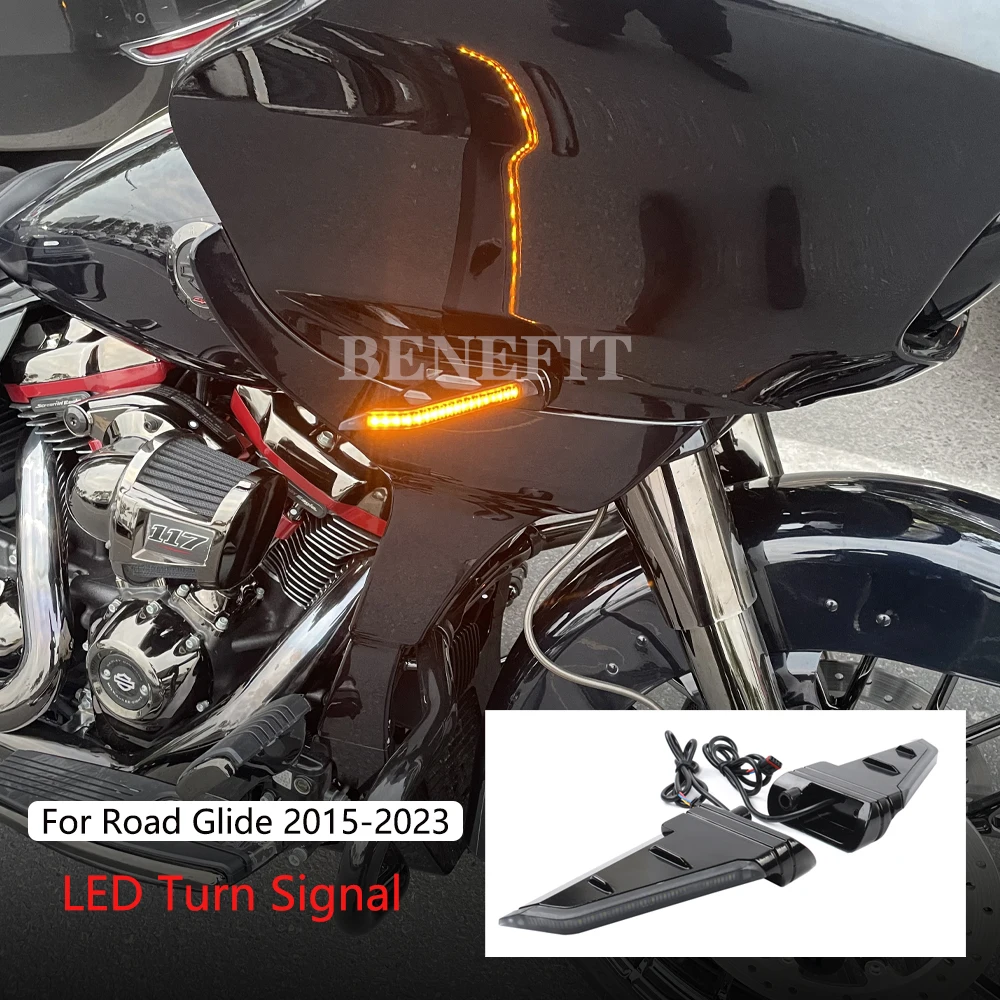 For Harley Road Glide FLTRX FLTRK FLTRU 2015-2023 Motorcycle Side LED Turn Signal Flowing Lights Double flashing Lamps Black