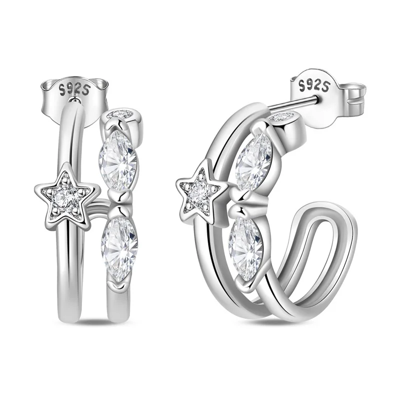 925 Sterling Silver Double Layered Star Stud Earrings Sparkling Zircon Earrings For Women Fine Anniversary Wedding Jewelry Gifts