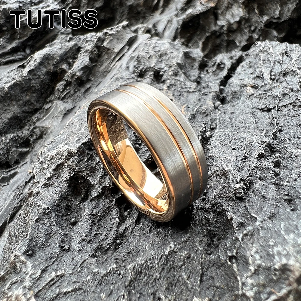 TUTISS 8mm Original Color Tungsten Men Women Wedding Band Forever Ring 2 Offset Lines Polished Comfort Fit