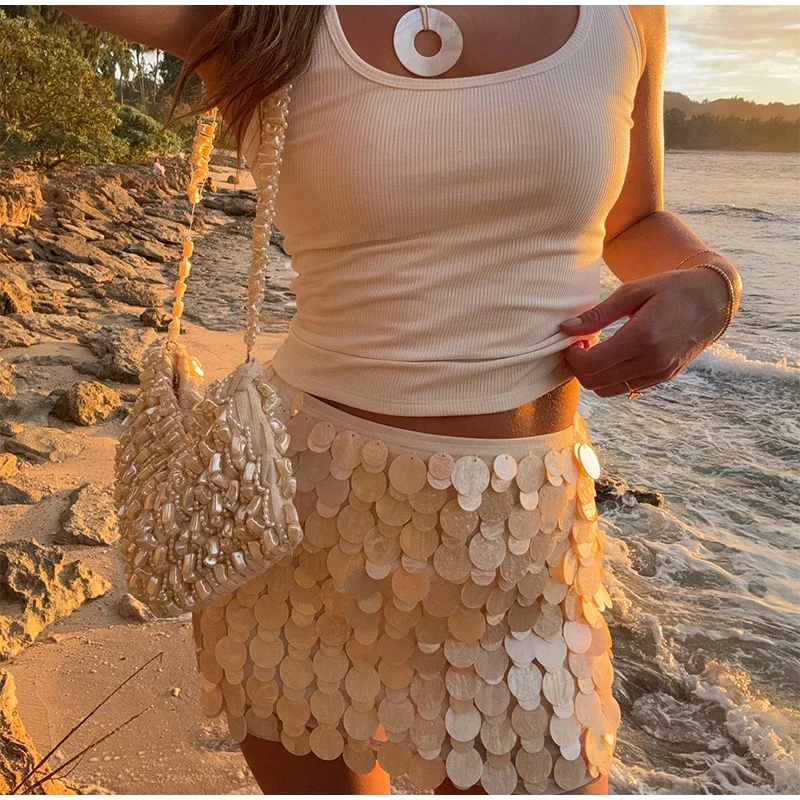 مثير المرأة مطرزة التنانير الصغيرة Y2k سستة الورك حزمة عالية الخصر الإناث تنورة 2025 الصيف سيدة عطلة الشاطئ ملابس للحفلات