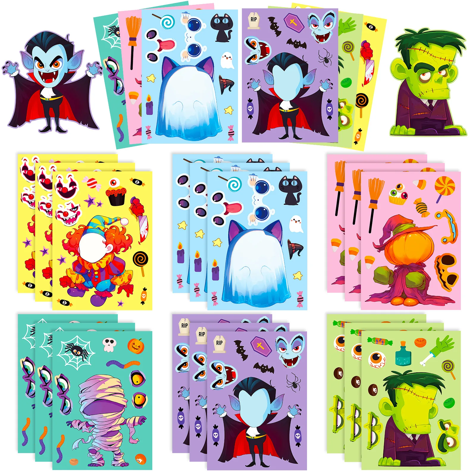 Autocollants de puzzle d'Halloween pour enfants, jeux d'autocollants de puzzle bricolage, vampire 6 UNIMake A Face, assemblage amusant, jouets pour enfants, 6 feuilles