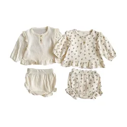 Baby Girls Clothes Sets Long Sleeve Outfits Newborn Muslin Cotton Shirt Tops+Shorts Suits Clothes 2PC 0-3T