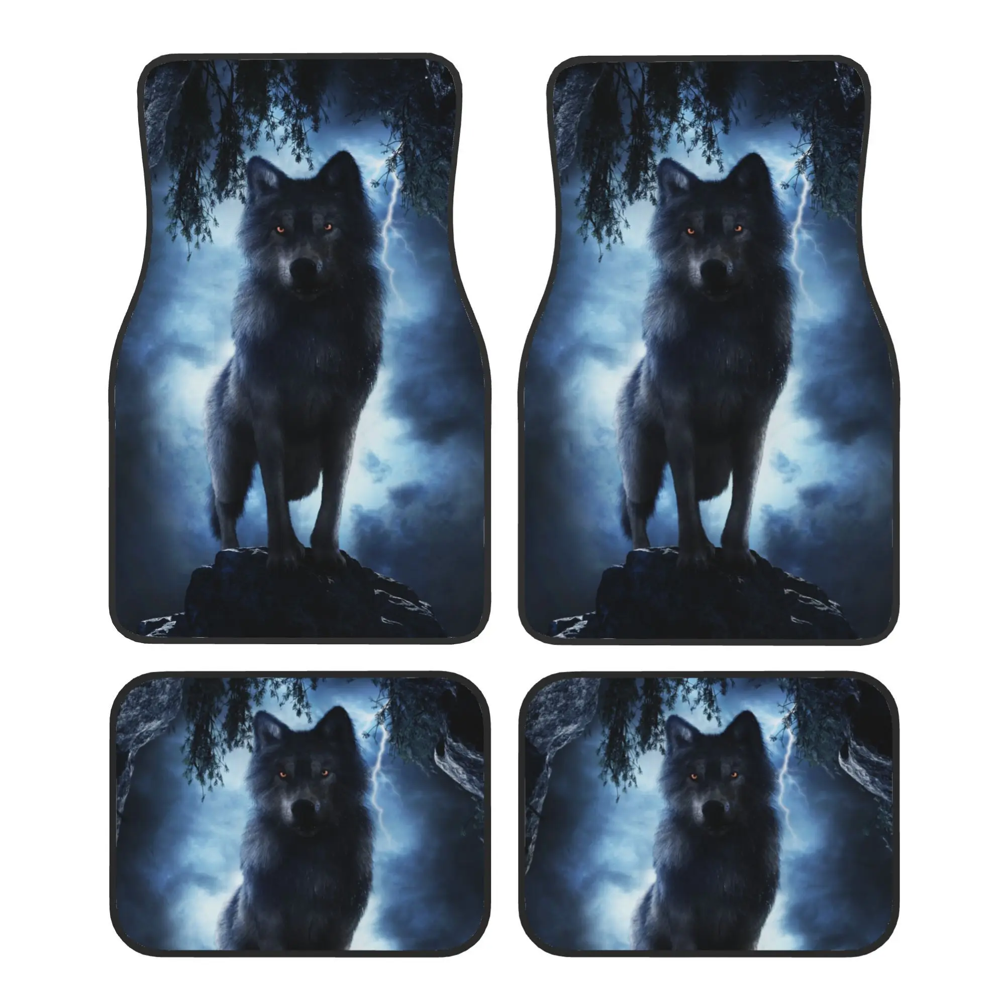 

4pcs Car Floor Mats, Wild Wolf With Night Scene - Universal Fit Car Mats, Fashion Print Design, Non-Slip Backing, Durable, Keep