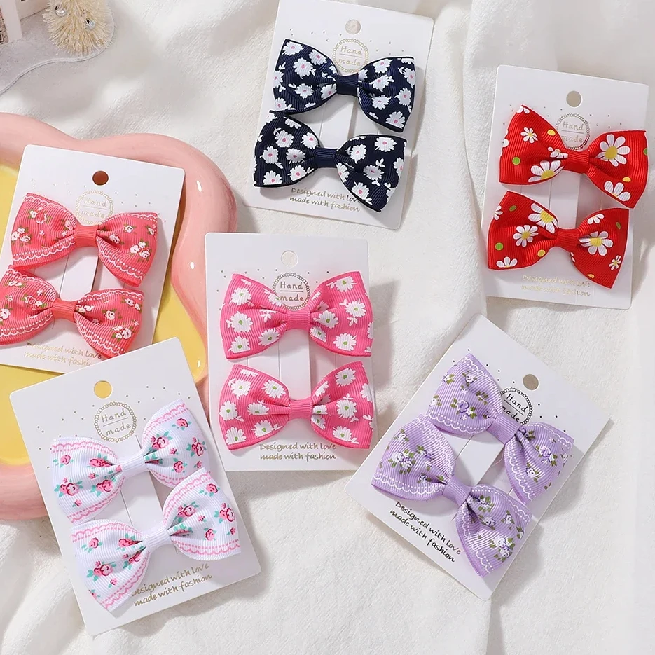 2Pcs/Set Solid Color Nylon Kids Bows Hair Clips for Baby Girls Handmade Bowknot Hairpin Barrettes Photograph Hair Accessories